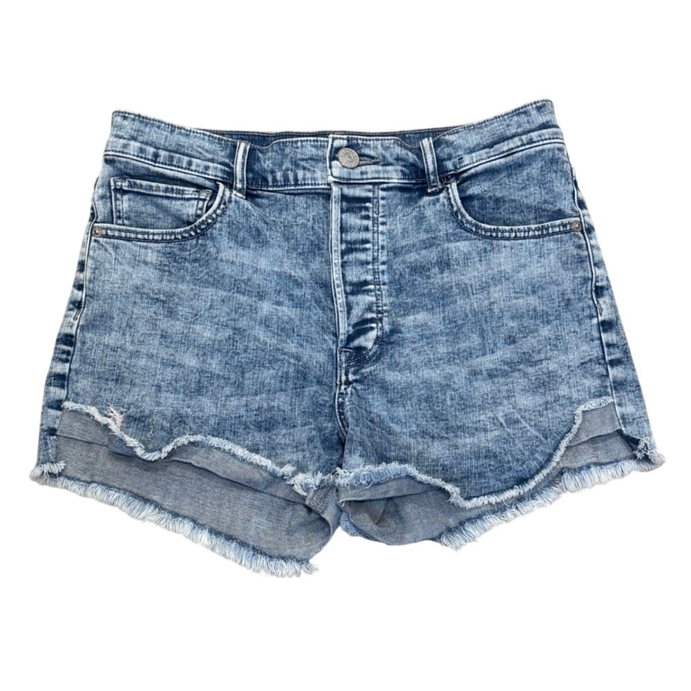 Express Womens High Rise Midi Denim Shorts Acid Wash Button Fly Frayed Size 4